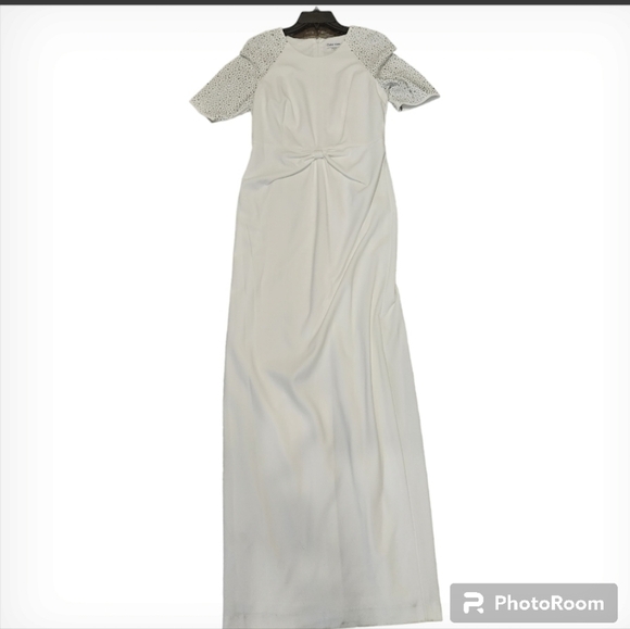 Calvin Klein Rhinestone Short Sleeve Crew Neck Knot Front Sheath Long Maxi Dress - Picture 3 of 14